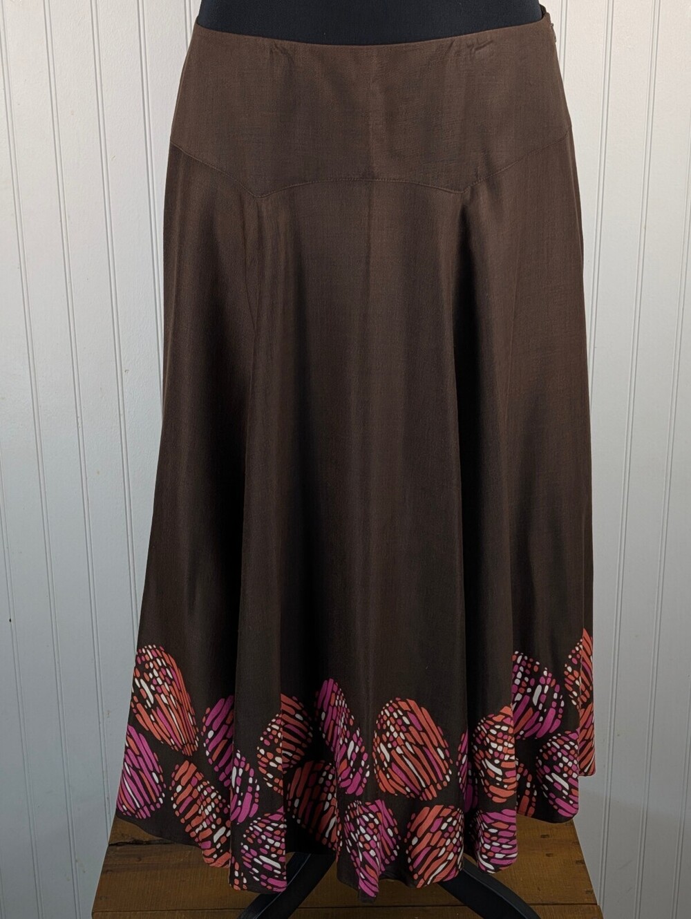 Vintage Madison Studio Brown A-Line Midi Skirt with Pink Abstract Hem Size 12